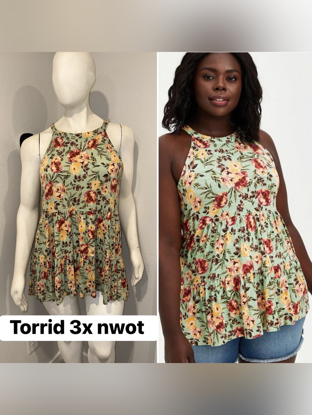 TORRID Green Floral High Neck Babydoll Tank